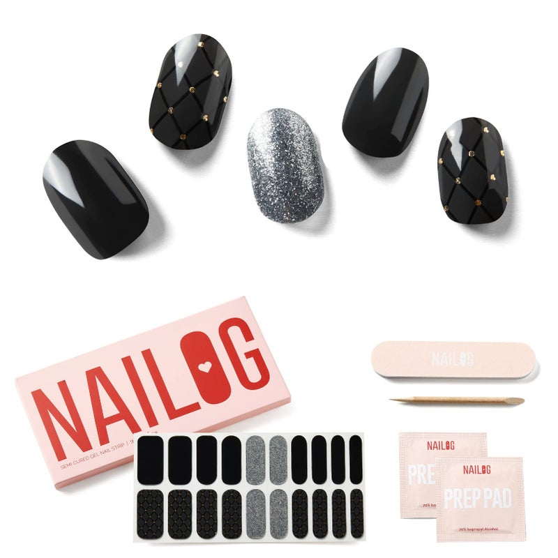 NAILOG Semi Cured Gel Nail Strips 20 Extra Long StickersWraps  Buy 2 Get 1 UV Lamp Glossy  Long Lasting Soft Gel Finishing Black Pearl